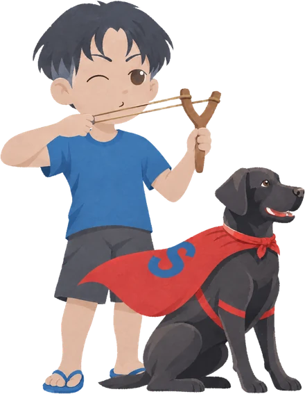A boy aiming a slingshot, with the Hero dog in a red cape sitting beside him