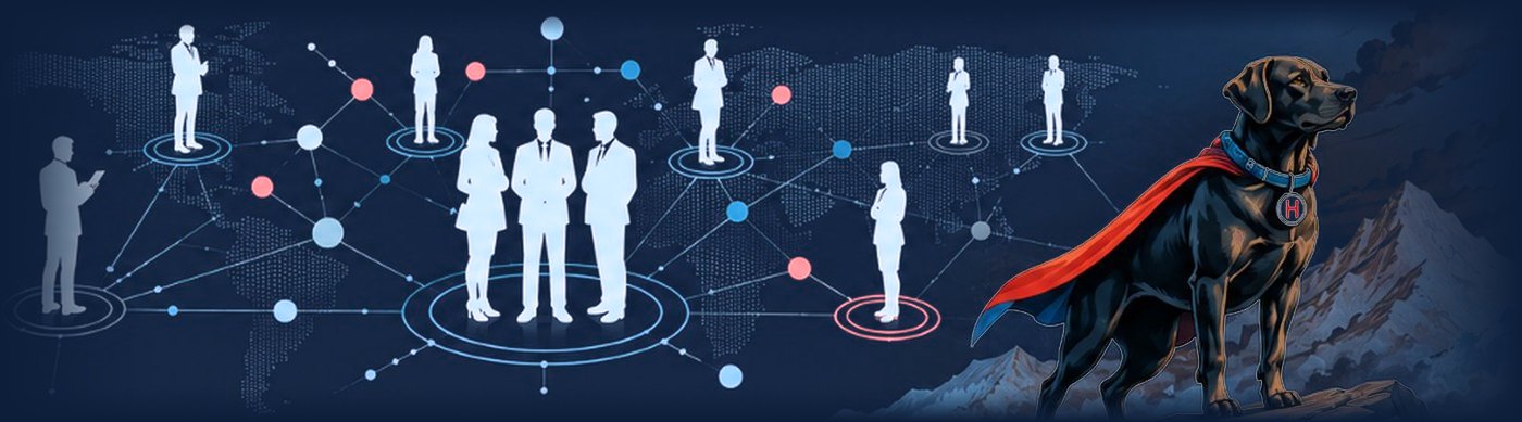 A connected network of stakeholders, with the HERO mascot standing watch